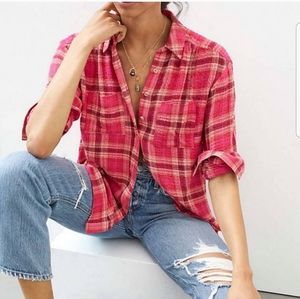 Anthropologie Pilcro size XS pink flannel plaid buttondown shirt.